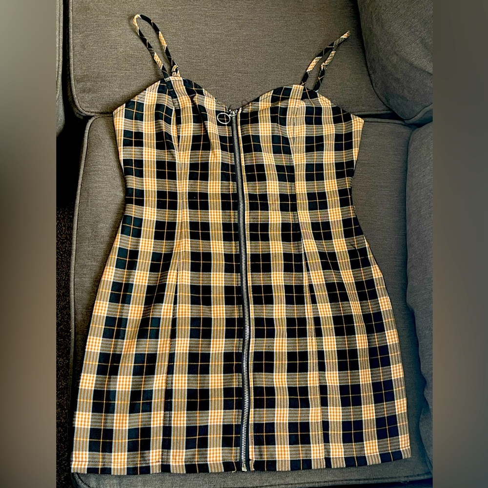 Yellow, black and white plaid mini dress